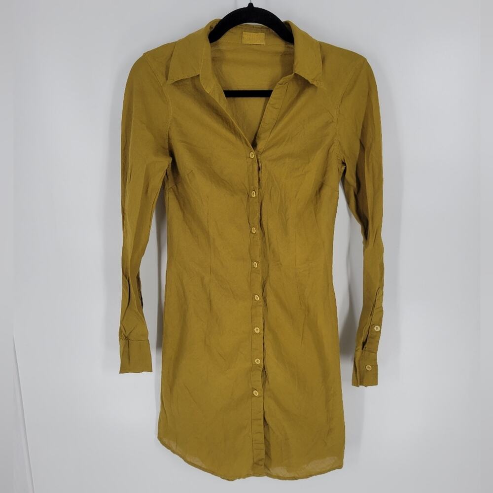 CP Shades Shirt Olive Long Sleeve Button Down Mini Shirt Dress XS